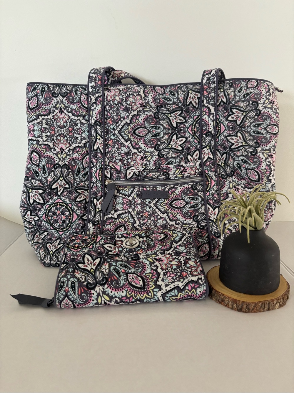 Vera Bradley Quilted Paisley Tote and Matching Wristlet in Pink and Black
